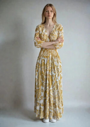 V- Neck Shirred Elastic Printed Dress