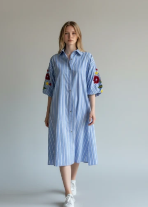Zetaotto Embroided Balloon Sleeves  Stripe shirt Dress