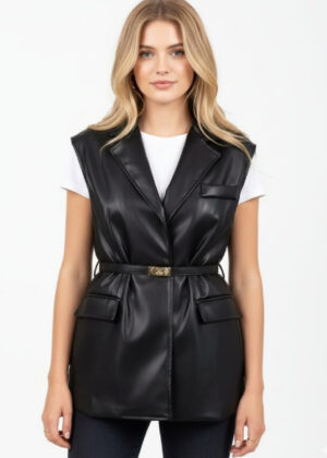 Women's Faux Leather Belted Sleeveless Utility Style Jacket