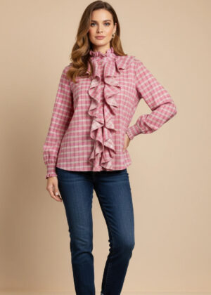 Made in Italy Cotton Plaid Frill Blouse